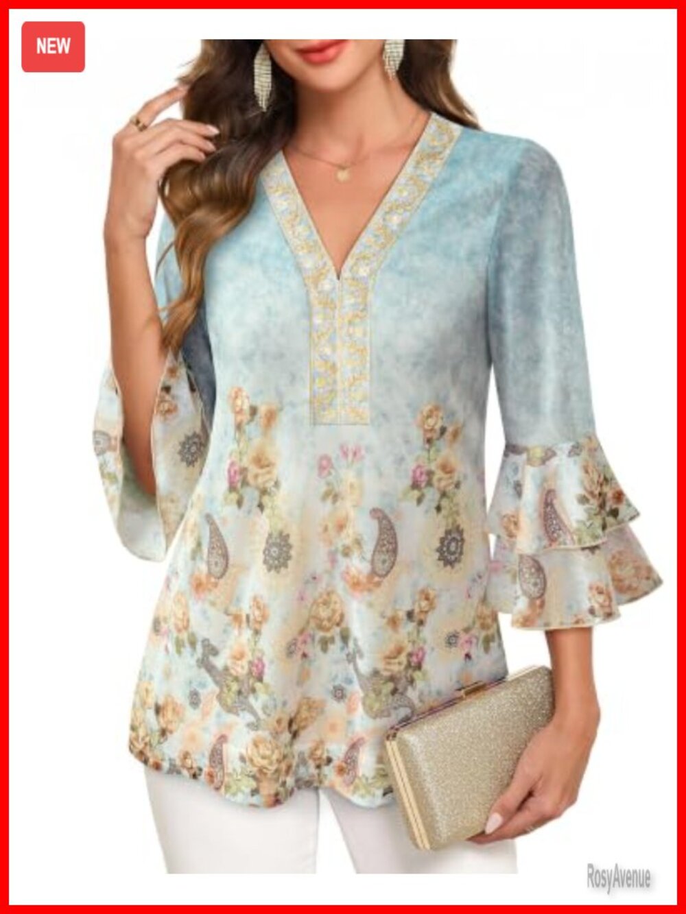 Women's 3/4 Sleeve V-Neck Ruffle Mesh Blouse Dressy Casual